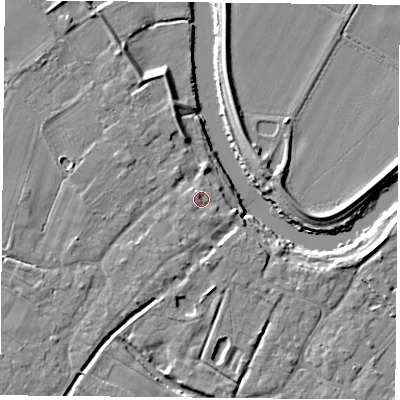 Shaded relief map of the ground around YO83TN, computed from Environment Agency LiDAR. The ground here sits at about 8 m above sea level and falls 7 m across the surrounding 800 m. Surface water reaching this point runs off ground lying to the south-west, 1.4 m higher.