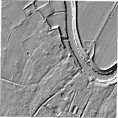 Shaded relief map of the ground around YO83TP, computed from Environment Agency LiDAR. The ground here sits at about 8 m above sea level and falls 7 m across the surrounding 800 m. Surface water reaching this point runs off ground lying to the west-north-west, 1.5 m higher.