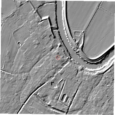 Shaded relief map of the ground around YO83TQ, computed from Environment Agency LiDAR. The ground here sits at about 8 m above sea level and falls 7 m across the surrounding 800 m. Surface water reaching this point runs off ground lying to the west-north-west, 1.4 m higher.