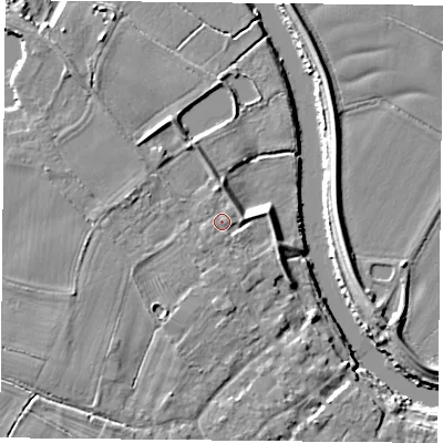 Shaded relief map of the ground around YO83TS, computed from Environment Agency LiDAR. The ground here sits at about 8 m above sea level and falls 7 m across the surrounding 800 m. Surface water reaching this point runs off ground lying to the south, 1.8 m higher.