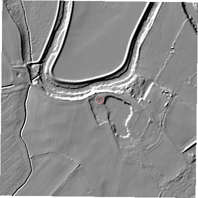 Shaded relief map of the ground around YO83TT, computed from Environment Agency LiDAR. The ground here sits at about 8 m above sea level and falls 7 m across the surrounding 800 m. Surface water reaching this point runs off ground lying to the west-north-west, 2.9 m higher.