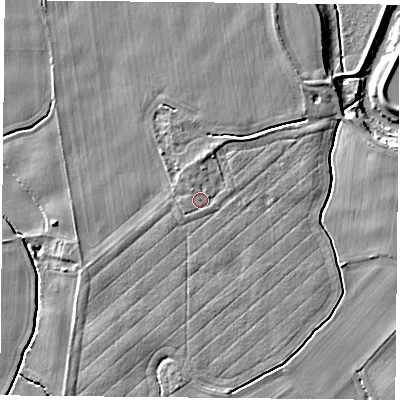 Shaded relief map of the ground around YO83TU, computed from Environment Agency LiDAR. The ground here sits at about 8 m above sea level and falls 6 m across the surrounding 800 m. Surface water reaching this point runs off ground lying to the north-west, 1.0 m higher.