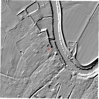 Shaded relief map of the ground around YO83TW, computed from Environment Agency LiDAR. The ground here sits at about 7 m above sea level and falls 7 m across the surrounding 800 m. Surface water reaching this point runs off ground lying to the west, 3.4 m higher.