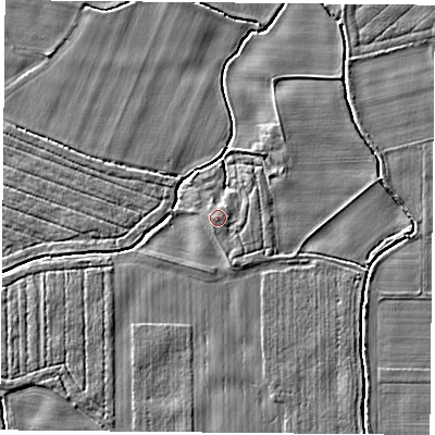 Shaded relief map of the ground around YO83TX, computed from Environment Agency LiDAR. The ground here sits at about 9 m above sea level and falls 3 m across the surrounding 800 m. Surface water reaching this point runs off ground lying to the south-south-east, 0.9 m higher.