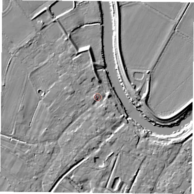 Shaded relief map of the ground around YO83TY, computed from Environment Agency LiDAR. The ground here sits at about 7 m above sea level and falls 7 m across the surrounding 800 m. Surface water reaching this point runs off ground lying to the south-south-east, 1.9 m higher.
