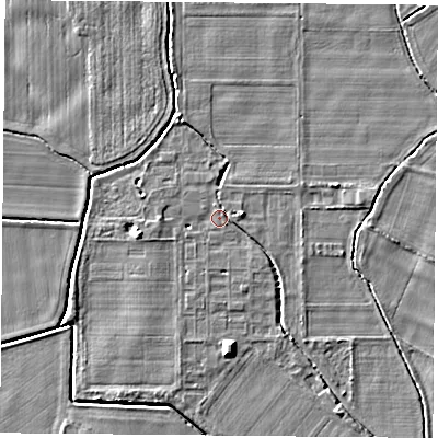 Shaded relief map of the ground around YO83TZ, computed from Environment Agency LiDAR. The ground here sits at about 8 m above sea level and falls 5 m across the surrounding 800 m. Surface water reaching this point runs off ground lying to the west, 1.5 m higher.