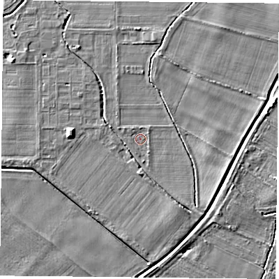 Shaded relief map of the ground around YO83UA, computed from Environment Agency LiDAR. The ground here sits at about 7 m above sea level and falls 5 m across the surrounding 800 m. Surface water reaching this point runs off ground lying to the east-south-east, 2.4 m higher.