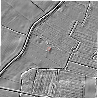 Shaded relief map of the ground around YO83UB, computed from Environment Agency LiDAR. The ground here sits at about 7 m above sea level and falls 4 m across the surrounding 800 m. Surface water reaching this point runs off ground lying to the west-north-west, 1.7 m higher.
