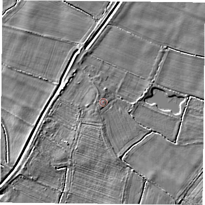 Shaded relief map of the ground around YO83UD, computed from Environment Agency LiDAR. The ground here sits at about 8 m above sea level and falls 4 m across the surrounding 800 m. Surface water reaching this point runs off ground lying to the west, 0.8 m higher.