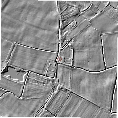 Shaded relief map of the ground around YO83UE, computed from Environment Agency LiDAR. The ground here sits at about 7 m above sea level and falls 3 m across the surrounding 800 m. Surface water reaching this point runs off ground lying to the north, 2.0 m higher.