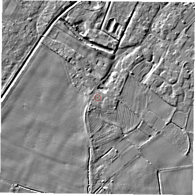 Shaded relief map of the ground around YO83UF, computed from Environment Agency LiDAR. The ground here sits at about 7 m above sea level and falls 4 m across the surrounding 800 m. Surface water reaching this point runs off ground lying to the south-west, 1.0 m higher.