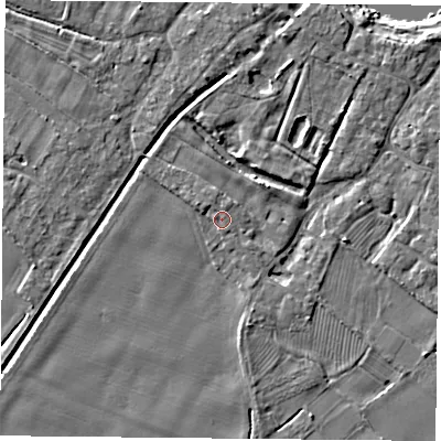 Shaded relief map of the ground around YO83UG, computed from Environment Agency LiDAR. The ground here sits at about 8 m above sea level and falls 7 m across the surrounding 800 m. Surface water reaching this point runs off ground lying to the north-west, 1.3 m higher.