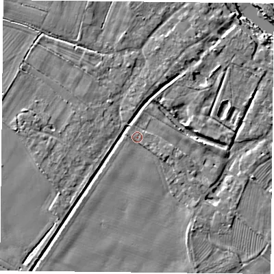 Shaded relief map of the ground around YO83UH, computed from Environment Agency LiDAR. The ground here sits at about 8 m above sea level and falls 7 m across the surrounding 800 m. Surface water reaching this point runs off ground lying to the south-east, 1.0 m higher.