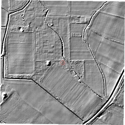 Shaded relief map of the ground around YO83UJ, computed from Environment Agency LiDAR. The ground here sits at about 8 m above sea level and falls 6 m across the surrounding 800 m. Surface water reaching this point runs off ground lying to the west, 4.1 m higher.
