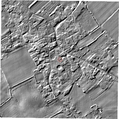 Shaded relief map of the ground around YO83UL, computed from Environment Agency LiDAR. The ground here sits at about 6 m above sea level and falls 4 m across the surrounding 800 m. Surface water reaching this point runs off ground lying to the west-north-west, 0.8 m higher.