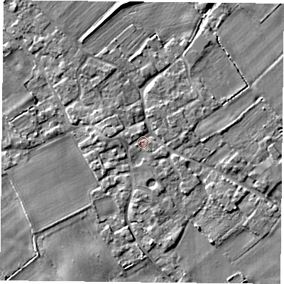 Shaded relief map of the ground around YO83UN, computed from Environment Agency LiDAR. The ground here sits at about 6 m above sea level and falls 5 m across the surrounding 800 m. Surface water reaching this point runs off ground lying to the west-south-west, 1.6 m higher.