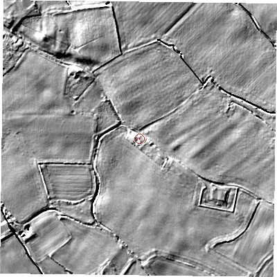 Shaded relief map of the ground around YO83UP, computed from Environment Agency LiDAR. The ground here sits at about 5 m above sea level and falls 5 m across the surrounding 800 m. Surface water reaching this point runs off ground lying to the north-west, 2.5 m higher.
