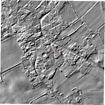 Shaded relief map of the ground around YO83UQ, computed from Environment Agency LiDAR. The ground here sits at about 6 m above sea level and falls 4 m across the surrounding 800 m. Surface water reaching this point runs off ground lying to the south-west, 1.4 m higher.