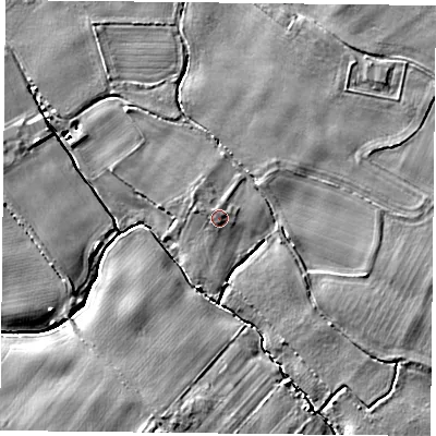 Shaded relief map of the ground around YO83UR, computed from Environment Agency LiDAR. The ground here sits at about 5 m above sea level and falls 6 m across the surrounding 800 m. Surface water reaching this point runs off ground lying to the north, 0.8 m higher.