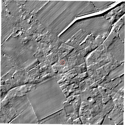 Shaded relief map of the ground around YO83US, computed from Environment Agency LiDAR. The ground here sits at about 6 m above sea level and falls 6 m across the surrounding 800 m. Surface water reaching this point runs off ground lying to the south-south-east, 1.2 m higher.