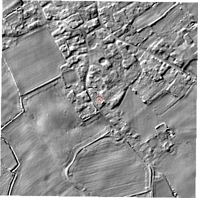 Shaded relief map of the ground around YO83UT, computed from Environment Agency LiDAR. The ground here sits at about 5 m above sea level and falls 5 m across the surrounding 800 m. Surface water reaching this point runs off ground lying to the south-south-west, 2.0 m higher.