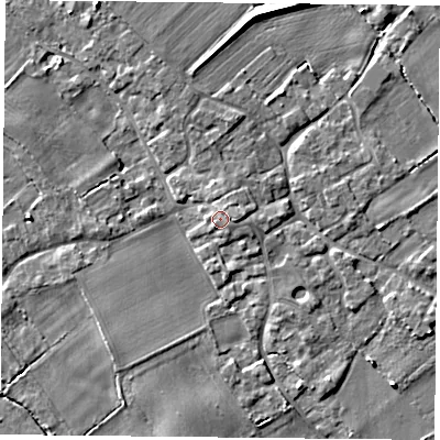 Shaded relief map of the ground around YO83UU, computed from Environment Agency LiDAR. The ground here sits at about 7 m above sea level and falls 6 m across the surrounding 800 m. Surface water reaching this point runs off ground lying to the east-south-east, 1.1 m higher.