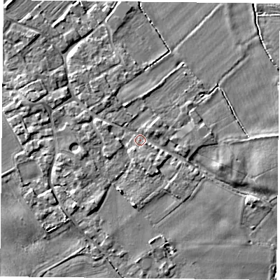 Shaded relief map of the ground around YO83UW, computed from Environment Agency LiDAR. The ground here sits at about 5 m above sea level and falls 4 m across the surrounding 800 m. Surface water reaching this point runs off ground lying to the west-north-west, 3.0 m higher.