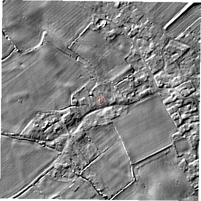 Shaded relief map of the ground around YO83UY, computed from Environment Agency LiDAR. The ground here sits at about 6 m above sea level and falls 4 m across the surrounding 800 m. Surface water reaching this point runs off ground lying to the west-north-west, 1.7 m higher.