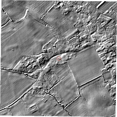 Shaded relief map of the ground around YO83UZ, computed from Environment Agency LiDAR. The ground here sits at about 6 m above sea level and falls 4 m across the surrounding 800 m. Surface water reaching this point runs off ground lying to the north-north-west, 2.0 m higher.