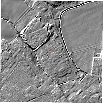 Shaded relief map of the ground around YO83WA, computed from Environment Agency LiDAR. The ground here sits at about 6 m above sea level and falls 7 m across the surrounding 800 m. Surface water reaching this point runs off ground lying to the south-west, 0.8 m higher.