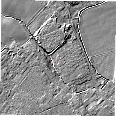 Shaded relief map of the ground around YO83WB, computed from Environment Agency LiDAR. The ground here sits at about 6 m above sea level and falls 7 m across the surrounding 800 m. Surface water reaching this point runs off ground lying to the north-north-east, 0.6 m higher.