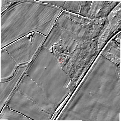 Shaded relief map of the ground around YO83WD, computed from Environment Agency LiDAR. The ground here sits at about 8 m above sea level and falls 3 m across the surrounding 800 m. Surface water reaching this point runs off ground lying to the south-south-east, 0.8 m higher.