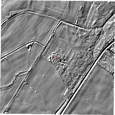 Shaded relief map of the ground around YO83WE, computed from Environment Agency LiDAR. The ground here sits at about 8 m above sea level and falls 3 m across the surrounding 800 m. Surface water reaching this point runs off ground lying to the east-south-east, 0.9 m higher.