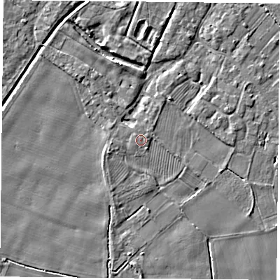 Shaded relief map of the ground around YO83WH, computed from Environment Agency LiDAR. The ground here sits at about 8 m above sea level and falls 4 m across the surrounding 800 m. Surface water reaching this point runs off ground lying to the east, 0.6 m higher.