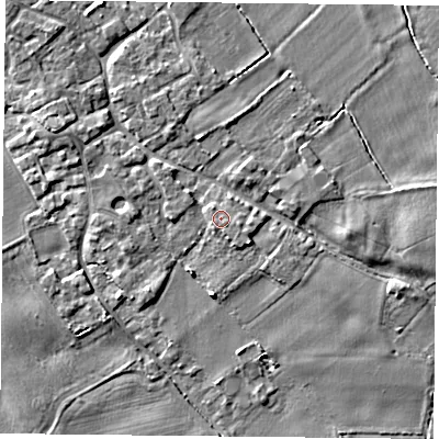Shaded relief map of the ground around YO83WJ, computed from Environment Agency LiDAR. The ground here sits at about 6 m above sea level and falls 4 m across the surrounding 800 m. Surface water reaching this point runs off ground lying to the east-south-east, 0.7 m higher.