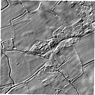Shaded relief map of the ground around YO83XA, computed from Environment Agency LiDAR. The ground here sits at about 6 m above sea level and falls 4 m across the surrounding 800 m. Surface water reaching this point runs off ground lying to the north, 2.3 m higher.