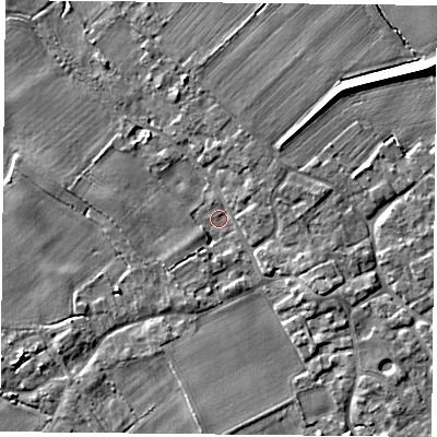 Shaded relief map of the ground around YO83XB, computed from Environment Agency LiDAR. The ground here sits at about 5 m above sea level and falls 6 m across the surrounding 800 m. Surface water reaching this point runs off ground lying to the north-north-west, 4.4 m higher.