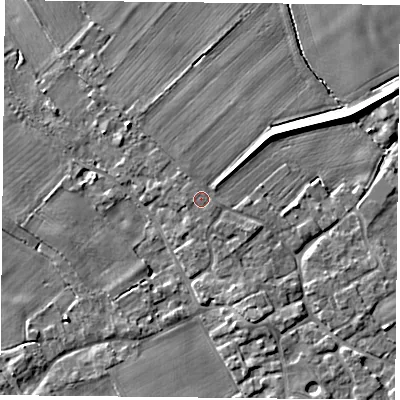Shaded relief map of the ground around YO83XD, computed from Environment Agency LiDAR. The ground here sits at about 7 m above sea level and falls 6 m across the surrounding 800 m. The ground contributing surface water to this point lies to the west.