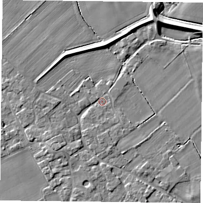 Shaded relief map of the ground around YO83XE, computed from Environment Agency LiDAR. The ground here sits at about 5 m above sea level and falls 6 m across the surrounding 800 m. Surface water reaching this point runs off ground lying to the west, 2.2 m higher.