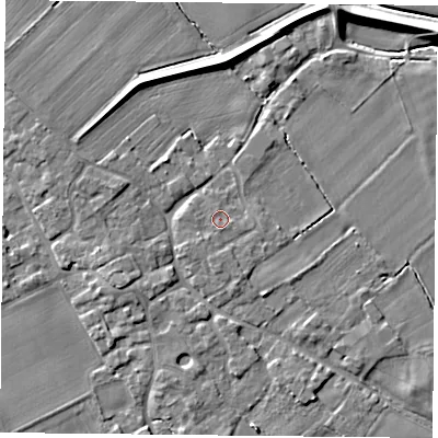 Shaded relief map of the ground around YO83XF, computed from Environment Agency LiDAR. The ground here sits at about 6 m above sea level and falls 6 m across the surrounding 800 m. Surface water reaching this point runs off ground lying to the south-west, 0.8 m higher.