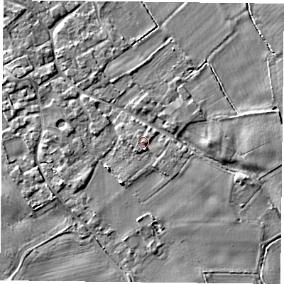 Shaded relief map of the ground around YO83XJ, computed from Environment Agency LiDAR. The ground here sits at about 7 m above sea level and falls 4 m across the surrounding 800 m. Surface water reaching this point runs off ground lying to the south-south-east, 1.6 m higher.