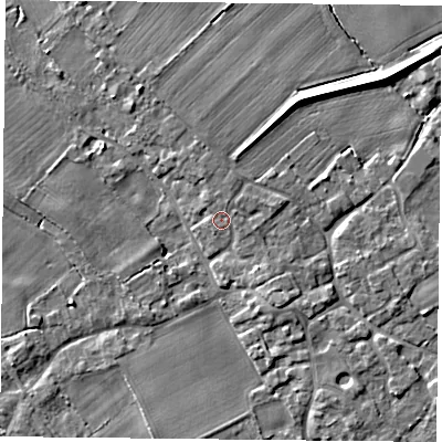 Shaded relief map of the ground around YO83XL, computed from Environment Agency LiDAR. The ground here sits at about 7 m above sea level and falls 6 m across the surrounding 800 m. Surface water reaching this point runs off ground lying to the north-north-east, 1.0 m higher.