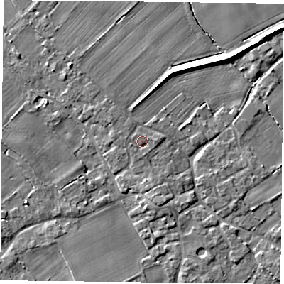 Shaded relief map of the ground around YO83XP, computed from Environment Agency LiDAR. The ground here sits at about 7 m above sea level and falls 6 m across the surrounding 800 m. Surface water reaching this point runs off ground lying to the west-south-west, 0.8 m higher.