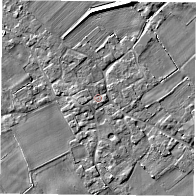 Shaded relief map of the ground around YO83XQ, computed from Environment Agency LiDAR. The ground here sits at about 6 m above sea level and falls 6 m across the surrounding 800 m. Surface water reaching this point runs off ground lying to the west-south-west, 2.4 m higher.