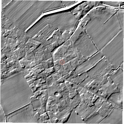 Shaded relief map of the ground around YO83XW, computed from Environment Agency LiDAR. The ground here sits at about 6 m above sea level and falls 6 m across the surrounding 800 m. The ground contributing surface water to this point lies to the north.