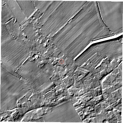 Shaded relief map of the ground around YO83YN, computed from Environment Agency LiDAR. The ground here sits at about 7 m above sea level and falls 6 m across the surrounding 800 m. Surface water reaching this point runs off ground lying to the north-north-east, 1.3 m higher.