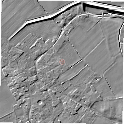Shaded relief map of the ground around YO83YP, computed from Environment Agency LiDAR. The ground here sits at about 6 m above sea level and falls 6 m across the surrounding 800 m. Surface water reaching this point runs off ground lying to the south-west, 1.6 m higher.