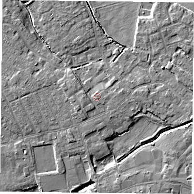 Shaded relief map of the ground around YO83YT, computed from Environment Agency LiDAR. The ground here sits at about 6 m above sea level and falls 6 m across the surrounding 800 m. The ground contributing surface water to this point lies to the south-south-west.