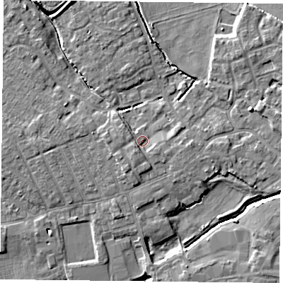 Shaded relief map of the ground around YO83YU, computed from Environment Agency LiDAR. The ground here sits at about 6 m above sea level and falls 7 m across the surrounding 800 m. Surface water reaching this point runs off ground lying to the south-south-west, 2.2 m higher.