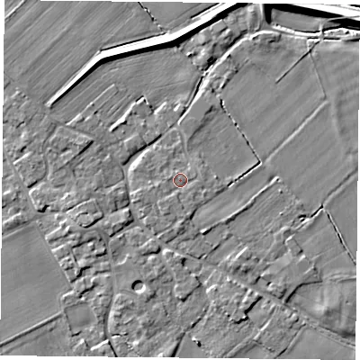 Shaded relief map of the ground around YO83YW, computed from Environment Agency LiDAR. The ground here sits at about 6 m above sea level and falls 6 m across the surrounding 800 m. Surface water reaching this point runs off ground lying to the south-south-west, 1.1 m higher.